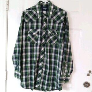 Vtg Wrangler Men's XL Western Shirt Green & Black Plaid Pearl Snaps Long Sleeve